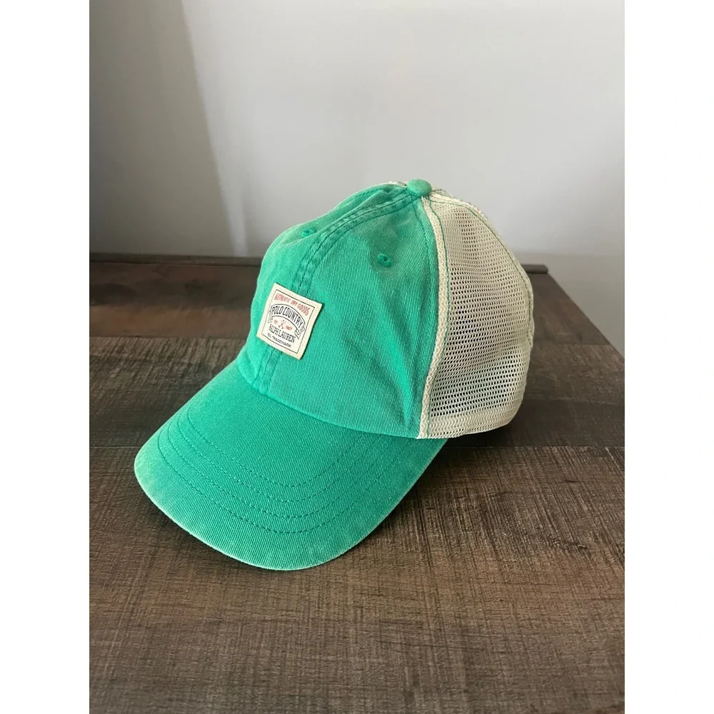 Polo Country Ralph Lauren Trucker Hat Green Mesh Leather Strap Mens Cap